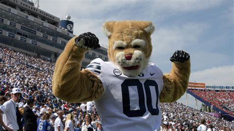 Mascot of byu doing a lively dance